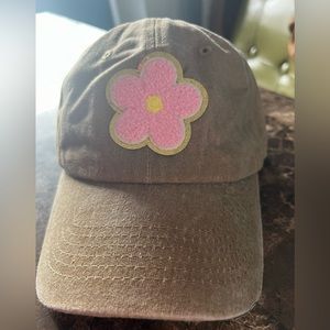 Neutral colored ball cap with pink flower patch, New